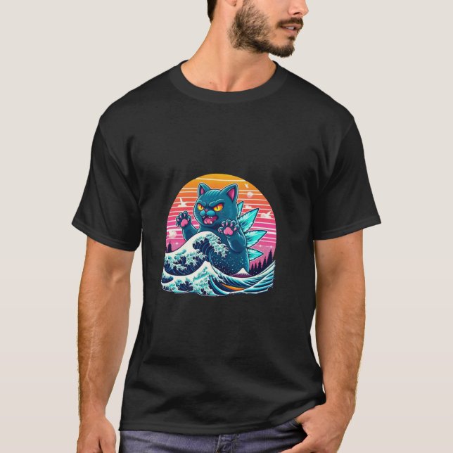 T-shirt Catzilla Cat Kitten Japon Grande Vague Pour Hommes (Devant)