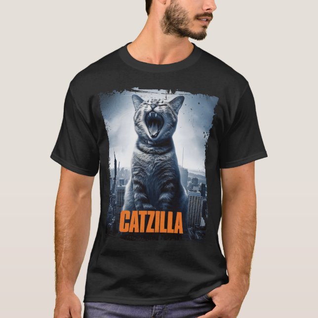 T-shirt Catzilla Roaring au-dessus de la ville Skyline Cat (Devant)