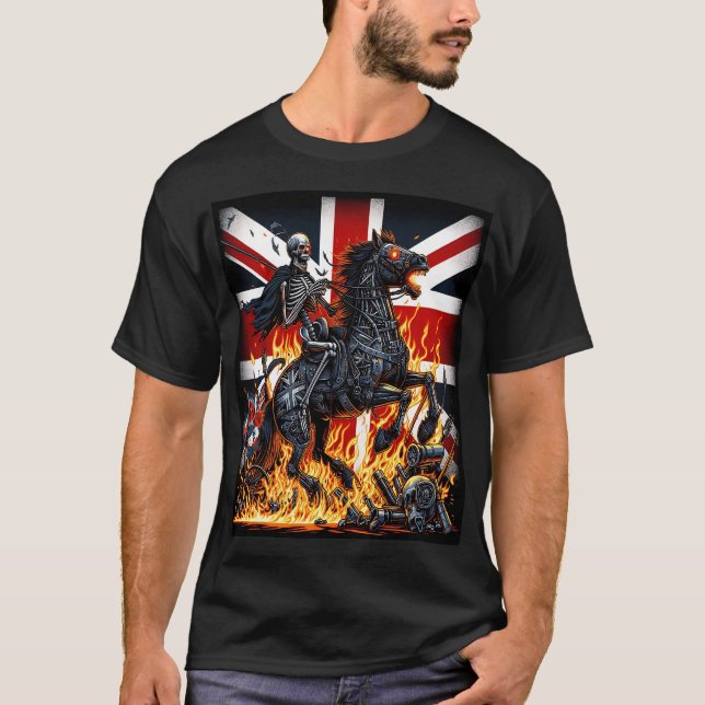 T-shirt Cavaleiro Esqueleto em Chamas  Bandeira Britânica (Devant)