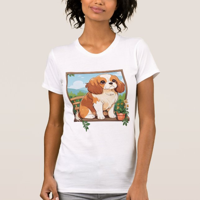 T-shirt Cavalier King Charles Pastel avec fleurs (Devant)