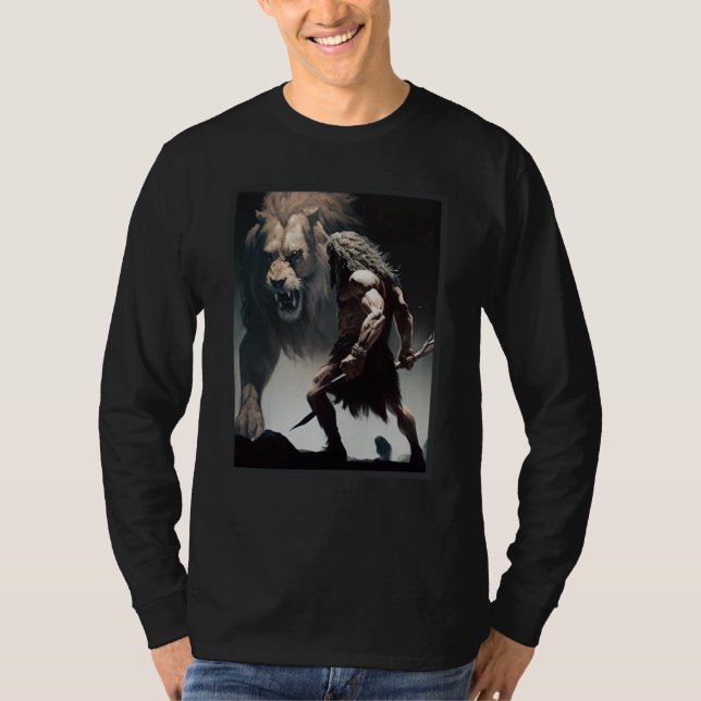 T-shirt Caveman Warrior with Friendly Lion chasing the sam (Devant)