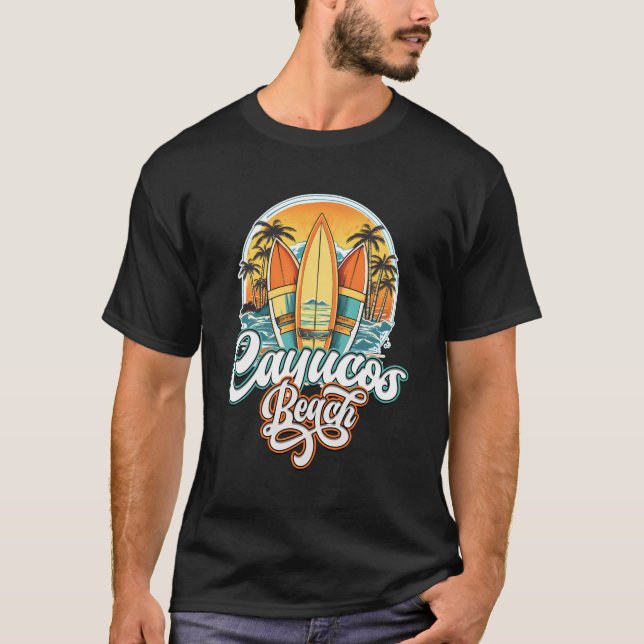 T-shirt Cayucos Trois Surfers Et Palm Tree Circle (Devant)