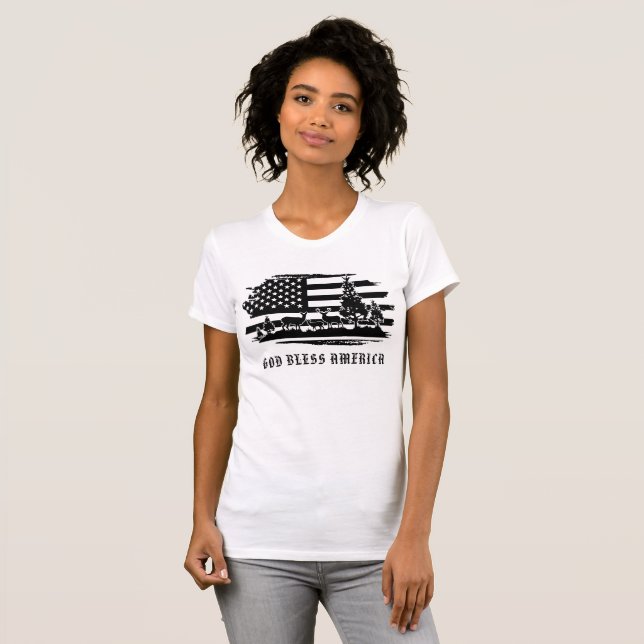 T-shirt *~* Cerf AP27 Forêt A Pins Chemise Drapeau América (Devant entier)