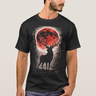 T-shirt Cerf, Daim, Buck dans la forêt de la lune rouge -