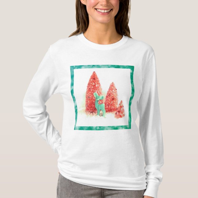 T-shirt Cerf de Noël rétro avec cadre Aqua (Devant)