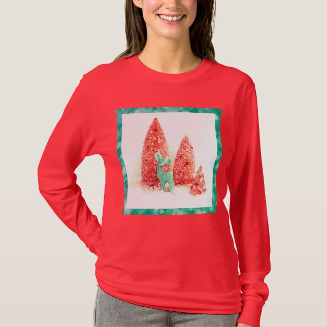 T-shirt Cerf de Noël rétro avec cadre Aqua en rouge (Devant)