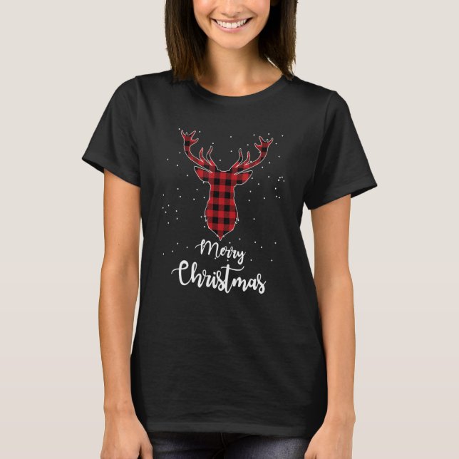 T-shirt Cerf Noël Rouge Buffle Plaid Cerf Joyeux Christ (Devant)