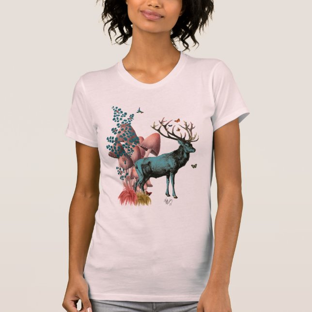 T-shirt Cerf Turquoise en Forêt de Champignons (Devant)