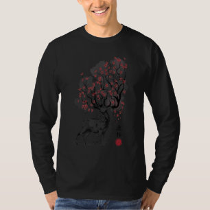 T-shirt Cerisier Cerf Arbre Sumi E Fleurs Aquarelle Japona