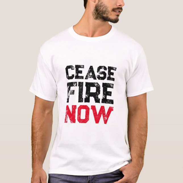 T-shirt Cessez le feu maintenant noir rouge blanc en détre (Devant)