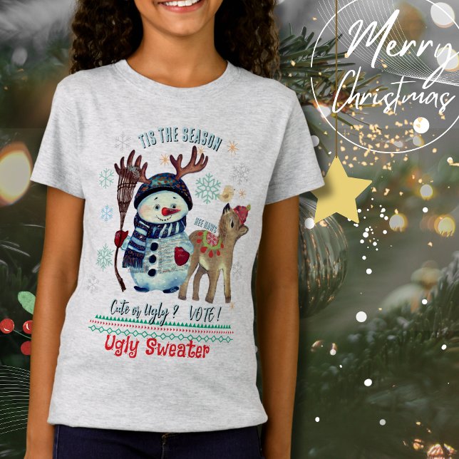 T-Shirt C'est la saison- Snowman mignon ou moche et âne (Tis the Season- Cute or Ugly Snowman & Donkey T-Shirt)