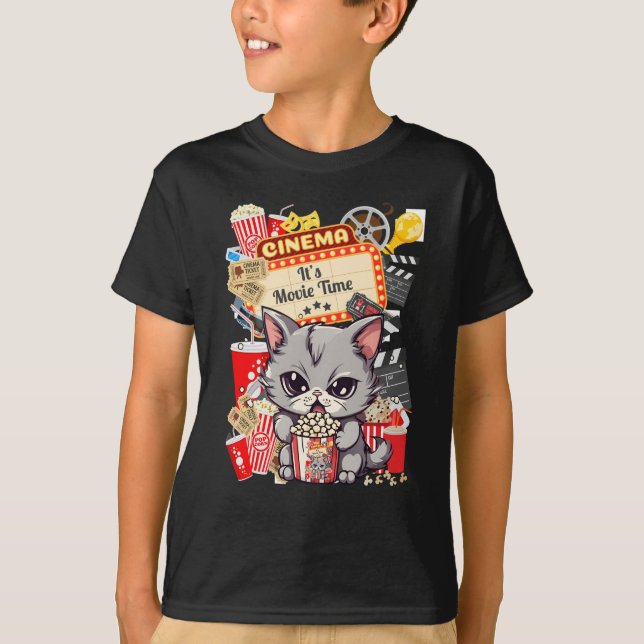 T-shirt C'est l'heure du film avec popcorn cat (Devant)