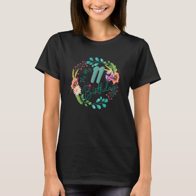 T-shirt C'est mon 11e anniversaire onze ans 11 ans Floral  (Devant)