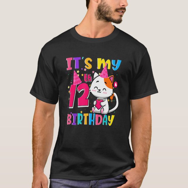 T-shirt C'est mon 12e anniversaire adolescent 12 ans chat (Devant)