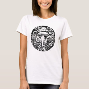 T-shirt Champignons et fleurs rétro noirs et blancs