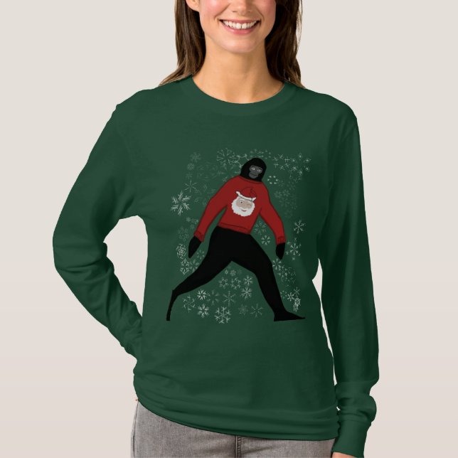 T-shirt chandail de noël avec bigfoot et père Noël (Devant)