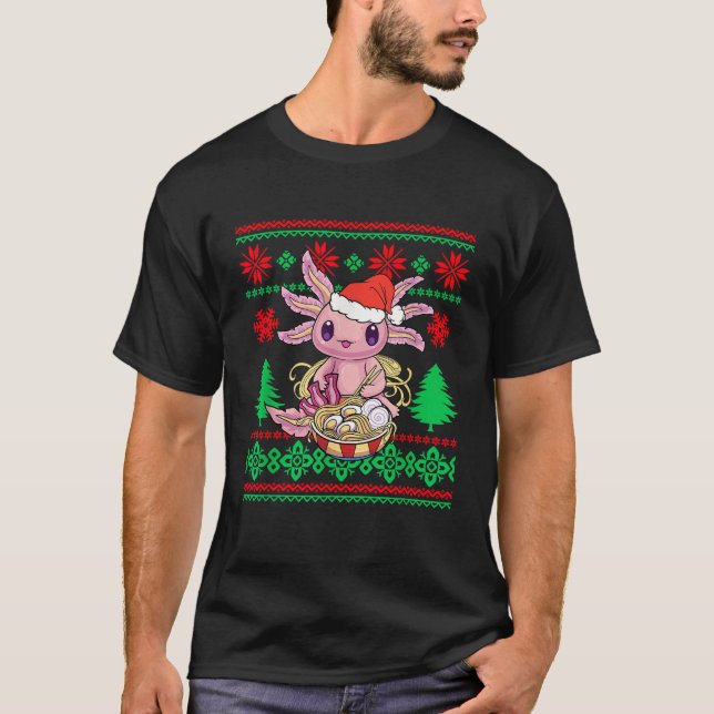 T-shirt Chandail de Noël moche Kawaii Anime Axolotl Manger (Devant)