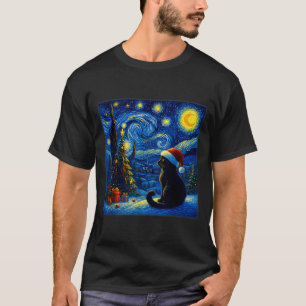 T-shirt Chapeau de Père Noël Chat Noir Van Gogh Nuit Étoil