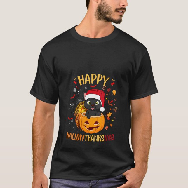 T-shirt Chapeau de Santa chat noir Womens Happy Hallowthan (Devant)