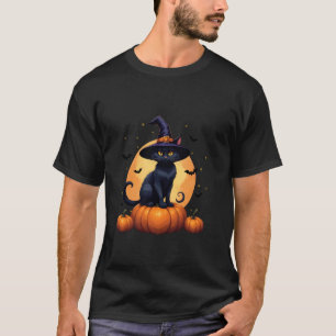 T-shirt Chapeau de sorcière de chat noir mignon Citrouille