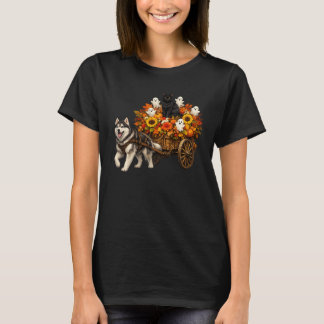 T-shirt Chariot de fleurs fantôme Halloween avec Husky et