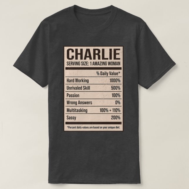 T-shirt Charlie Nutrition Facts Name Nickname Alias Title  (Design devant)