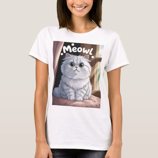 T-shirt Charmant Fluffy Blanc Perse Chat "Meow !" Autocoll (Devant)