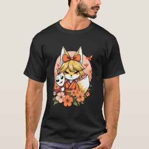 T-shirt Charme de Kitsune avec Masque et Fleurs
