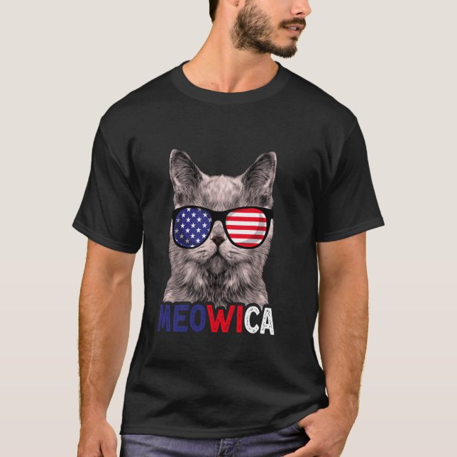 T-shirt Chat 4 juillet Meowica Hommes Femmes Drapeau Améri (Devant)