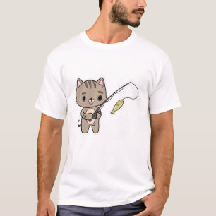T-shirt Chat à la pêche avec bâton de pêche