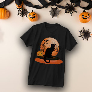 T-shirt Chat à l'Halloween noir à l'oeil jaune
