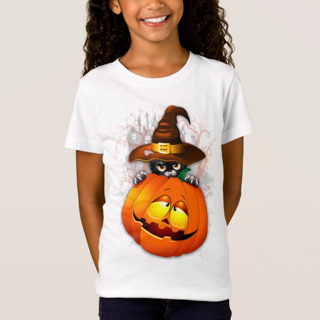 T-Shirt Chat à sorcière mignonne et amis Citrouilles d'Hal (Devant)
