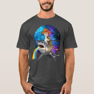 T-shirt Chat amusant équitation requin Puking arc-en-ciel