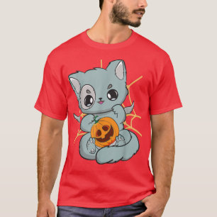 T-shirt Chat Anime Cute Avec Citrouille Manga Neko Meow Ha