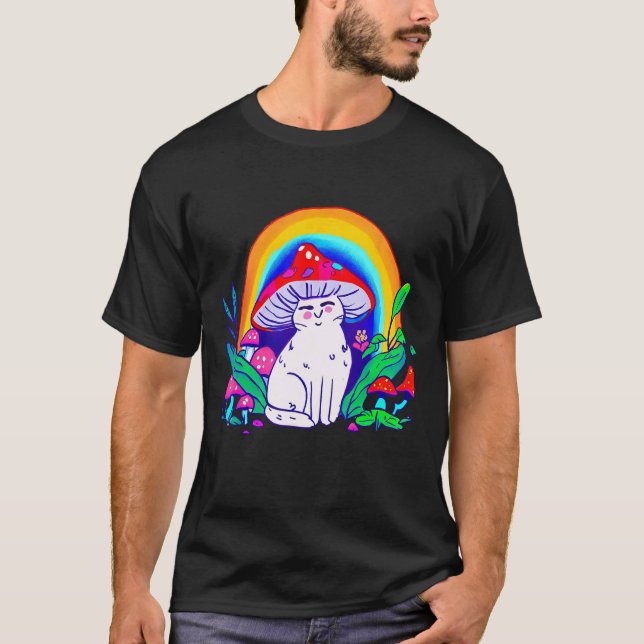 T-shirt Chat Arc-en-Ciel Avec Chapeau de Champignon (Devant)