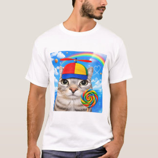 T-shirt Chat Arc-en-Ciel avec Lollipop Drôle et Mignon Jeu