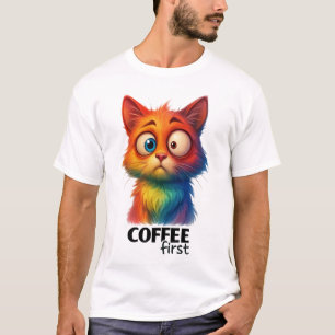 T-shirt Chat Arc-en-Ciel Café Premier Art Drôle