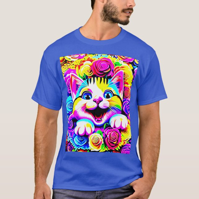 T-shirt Chat arc-en-ciel psychédélique dans un jardin flor (Devant)