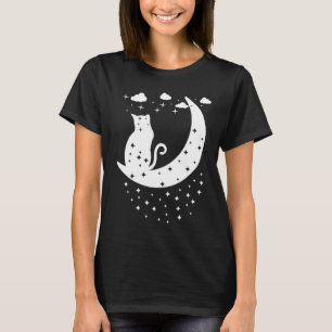 T-shirt Chat Assis Sur Lune Avec Étoiles