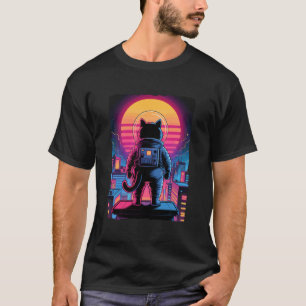 T-shirt Chat Astronaute Cité Coucher de Soleil Rétro Synth