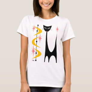 T-shirt Chat atomique du milieu du siècle avec des boomera