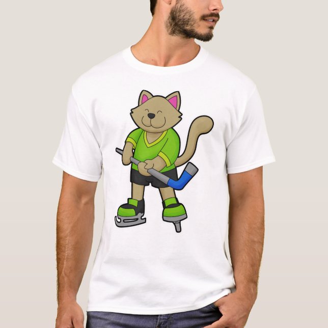 T-shirt Chat au hockey sur glace avec bâton de hockey sur  (Devant)