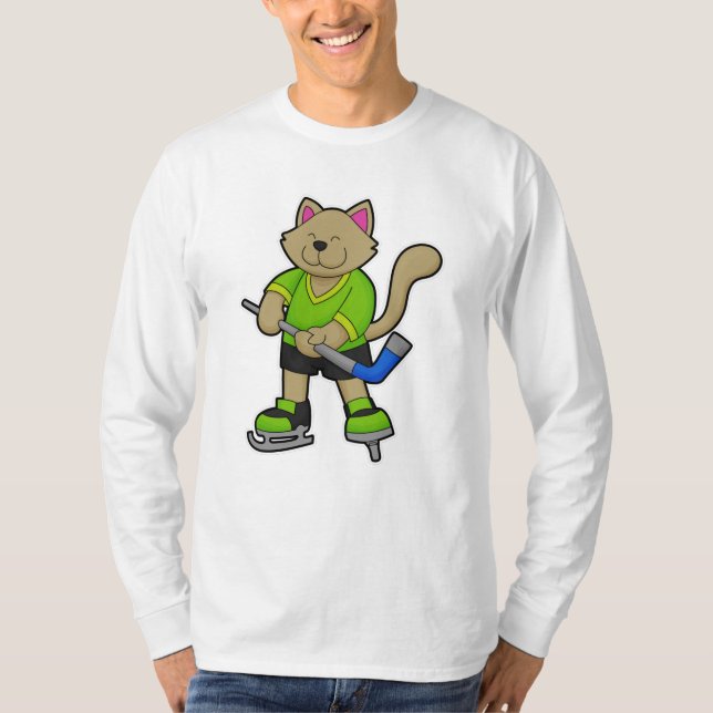 T-shirt Chat au hockey sur glace avec bâton de hockey sur  (Devant)