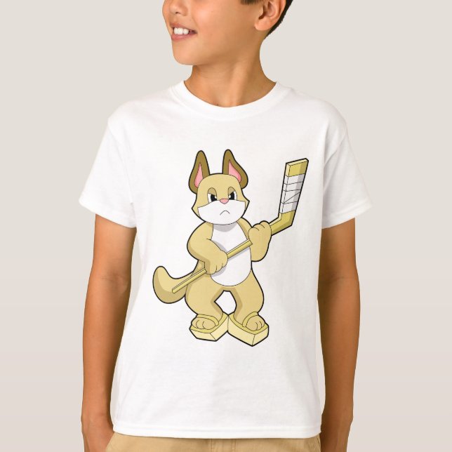T-shirt Chat au hockey sur glace avec bâton de hockey sur  (Devant)