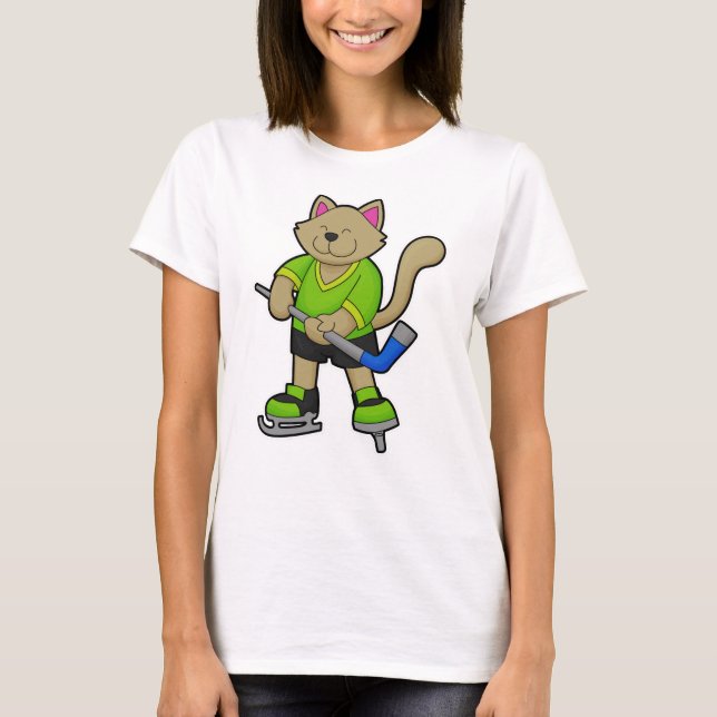 T-shirt Chat au hockey sur glace avec bâton de hockey sur  (Devant)
