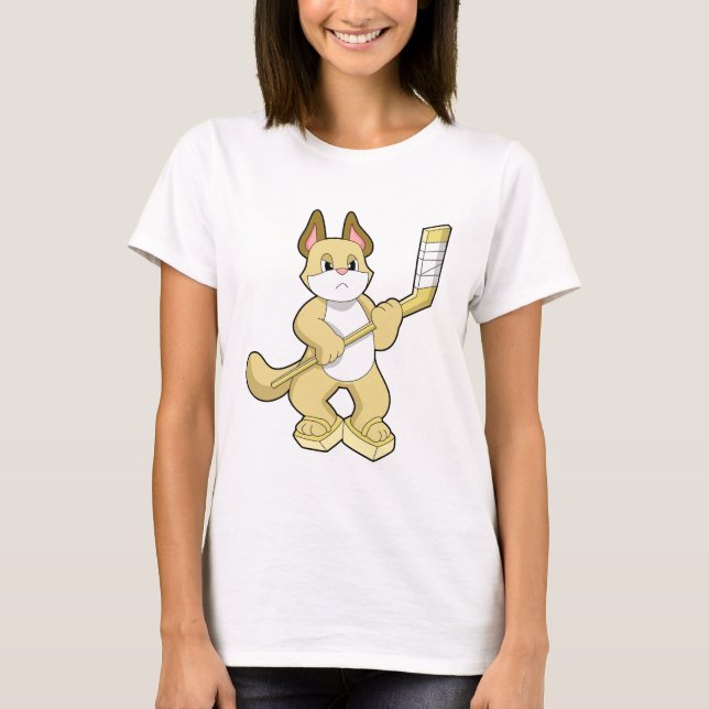 T-shirt Chat au hockey sur glace avec bâton de hockey sur  (Devant)
