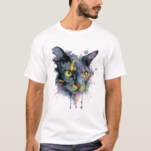 T-shirt Chat au visage à yeux néon aquarelle foncée Art