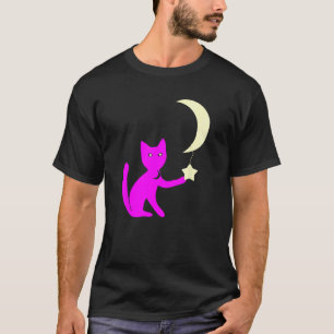 T-shirt Chat Aux Yeux D'étoile Jouant Avec La Lune Croissa