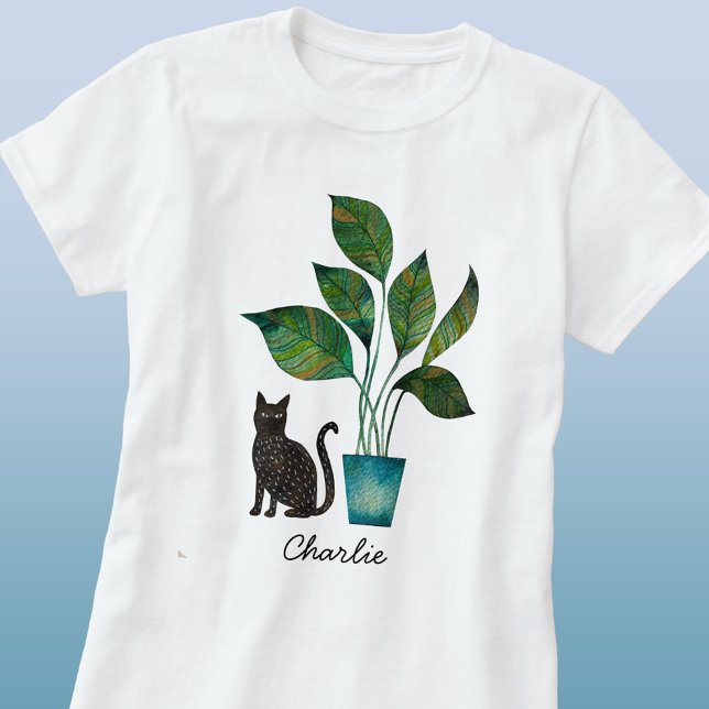 T-shirt Chat avec aquarelle Plante pointillé Personnalisé (Personalized name watercolor cat with houseplant art t-shirt)