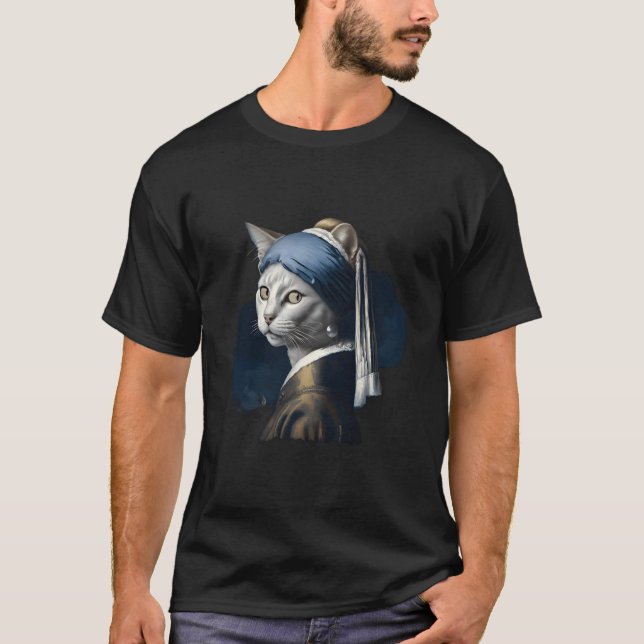 T-shirt Chat Avec Boucles De Perle - Peinture Vermeer- (Devant)